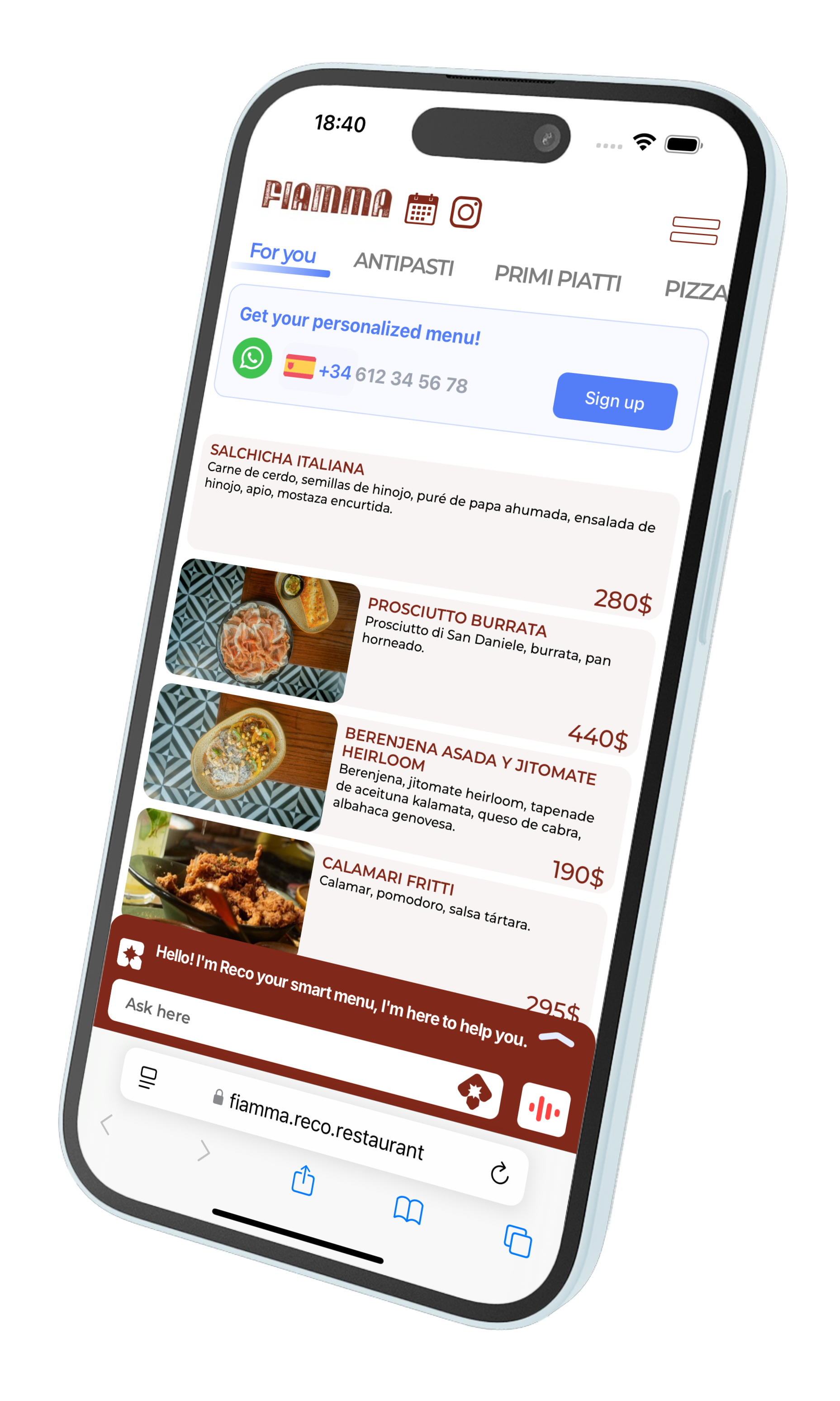 Reco app interface on mobile phone